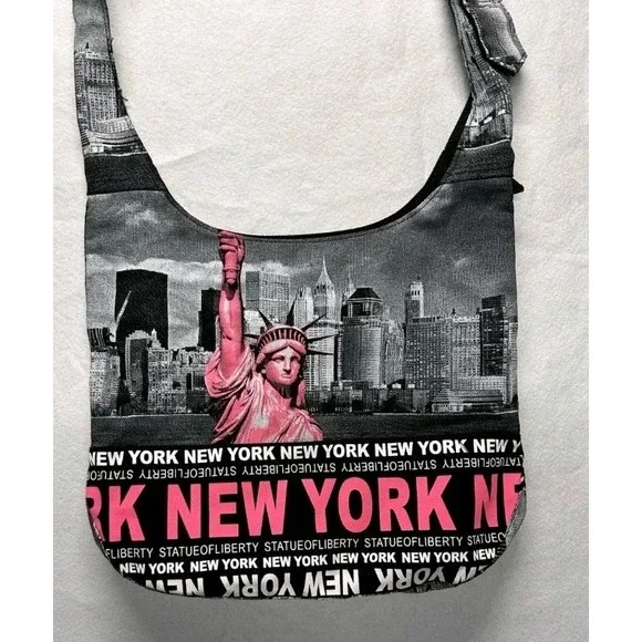 Robin Ruth Statue of Liberty New York Skyline Sling Crossbody Bag Black & Pink - Picture 8 of 11